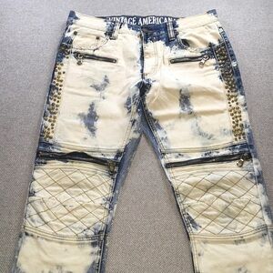 Vintage America Men's Distressed Blue and Cream Skinny Jeans 34x32